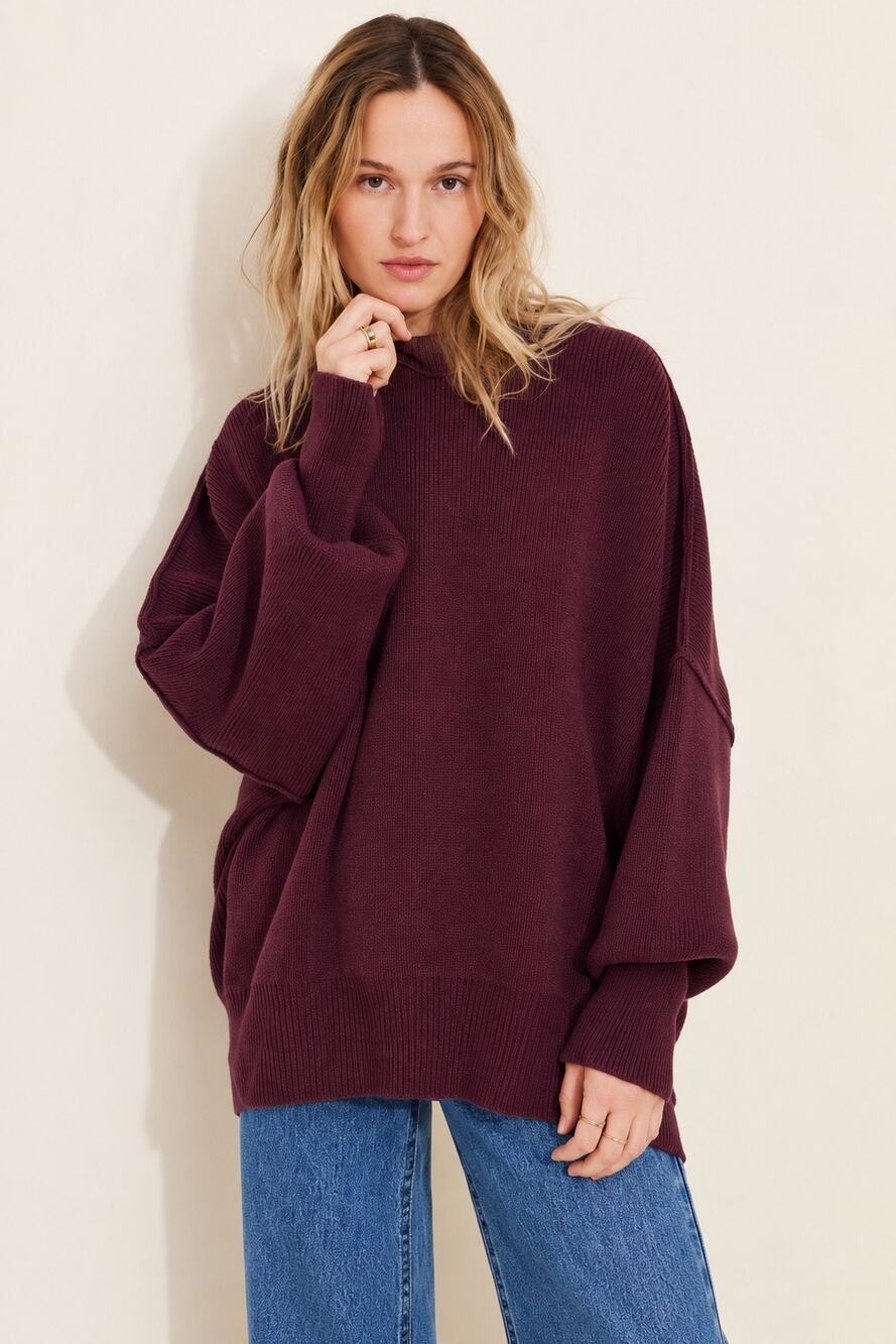 Free People Easy Street Tunic Sweater Plum Purple Oversized Chunky Knit Medium
